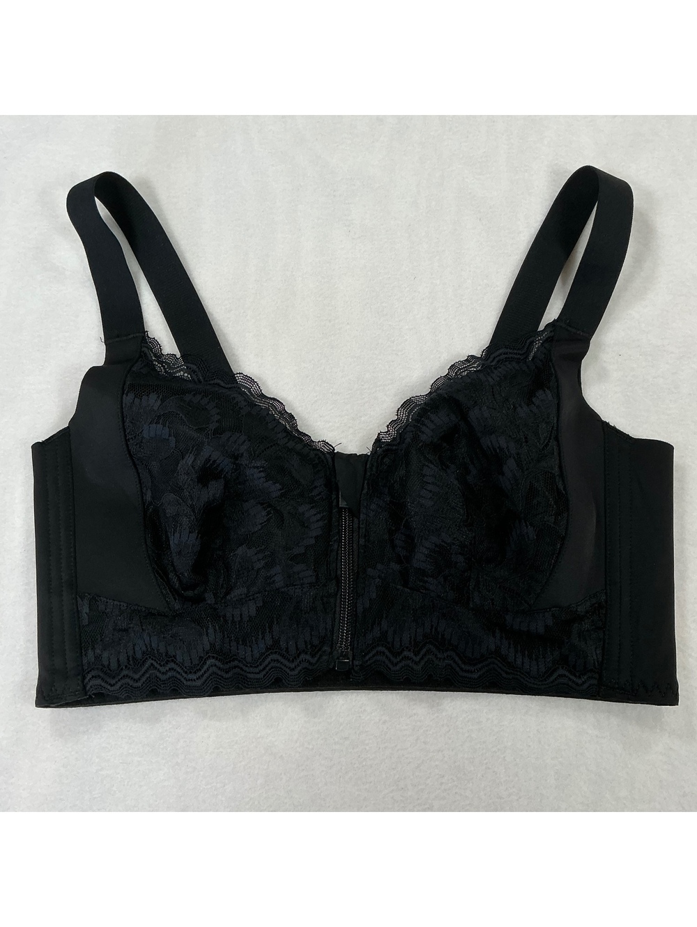 Women’s Large Black Lace‎ Longline Bra Front Zip Wireless Bralette L